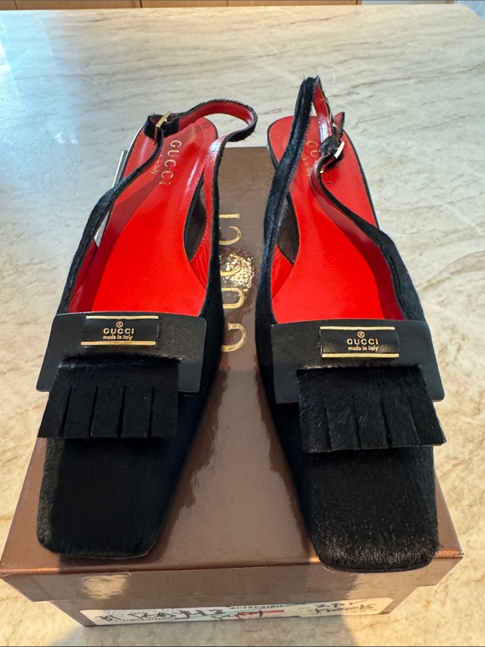 Gucci Black Slingback Flats with Red Insoles and Fringe